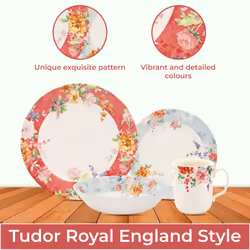 TUDOR ROYAL 16-Piece Round Porcelain Dinnerware Set Service for 4 CRIMSON Design Multicolor Floral Plates Bowls Mugs Dishes Premium Quality Ceramic Ta