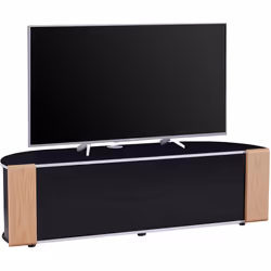 MDA Designs Sirius 1600 Black Cabinet with BeamThru Remote-Friendly Doors and Walnut/Oak Interchangeable Trims for Screen TVs up to 70"