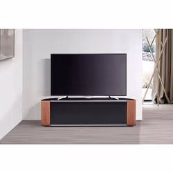 MDA Designs Sirius 1600 Black Cabinet with BeamThru Remote-Friendly Doors and Walnut/Oak Interchangeable Trims for Screen TVs up to 70"