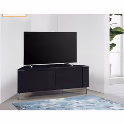 MDA Designs CORVUS Corner-Friendly Black Contemporary Cabinet with Black Profiles Black BeamThru Glass Doors for Flat Screen TVs upto 50Inch