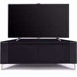 MDA Designs CORVUS Corner-Friendly Black Contemporary Cabinet with Black Profiles Black BeamThru Glass Doors for Flat Screen TVs upto 50Inch