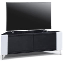 MDA Designs CORVUS Corner-Friendly Black White Contemporary Cabinet with Black BeamThru Glass Doors for Flat Screen TVs up to 50Inch