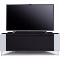 MDA Designs CORVUS Corner-Friendly Black White Contemporary Cabinet with Black BeamThru Glass Doors for Flat Screen TVs up to 50Inch
