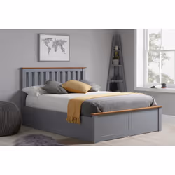 Double Ottoman Bed Grey Phoenix Wood Frame Gas Lift Storage 4FT6 Stone Oak Solid
