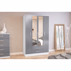 Larz 4 Door 2 Drawer Wardrobe With Mirror-White & Grey