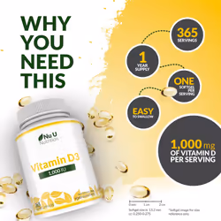 Vitamin D3 1000IU - 365 Softgels - 1 Year Supply - Vitamin D Supplement - High Absorption Cholecalciferol Vitamin D Capsules not Tablets - Nu U