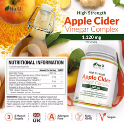 Apple Cider Vinegar 1120mg - 180 Vegan Capsules not Tablets - 3 Month Supply - Complex with Turmeric, Cayenne & Ginger Extracts - Made in The UK