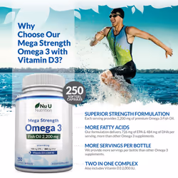 Omega 3 Fish Oil 2200mg & Vitamin D3 2000IU - 250 Capsules Over 4 Month Supply - 720mg EPA & 480mg DHA per Serving High Strength 1100mg Fish Oil per