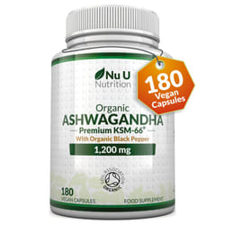 Organic Ashwagandha KSM-66 1200mg - 180 Vegan Capsules not Tablets - High Strength Ashwaganda Root Extract with Organic Black Pepper - Made in The