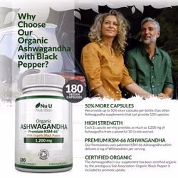 Organic Ashwagandha KSM-66 1200mg - 180 Vegan Capsules not Tablets - High Strength Ashwaganda Root Extract with Organic Black Pepper - Made in The