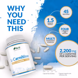 L-Carnitine Complex 2200mg - 180 High Strength Vegan Capsules - with Riboflavin, Biotin, Chromium, Vitamin D, B3 & B6 - L Carnitine Tartrate