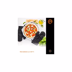 MasterChef Oven Mitts Pair of 2 Heat Resistant Gloves, 100% Cotton, Black, One Size Fits All With Vegan PU Leather Logo & Hanging Loop, Machine W
