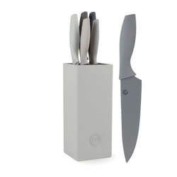 Knife Set with Block, 5 Kitchen Knives with Sharp Stainless Steel Blades (Chef, Paring, Utility, Carving, Bread) Soft Touch Easy Grip Handles Earth