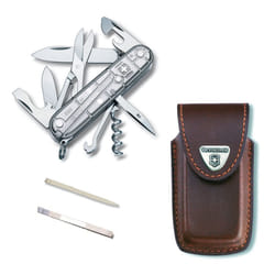 Victorinox CLIMBER Swiss army knife with Pouch spare tweezers & toothpick - silvertech, brown leather