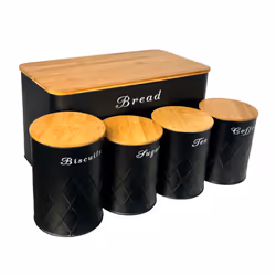 Oypla 5pc Black Bamboo Lid Kitchen Canister Storage Tin Set Bread Biscuits Tea Sugar Coffee