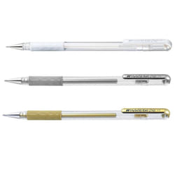 Pentel K118 Hybrid Gel Grip Rollerball Pen - Metallic Gel Ink - 0.8mm Nib - Gold/Silver/White - Pack of 3
