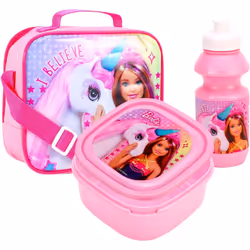 Barbie Magic Unicorn Girls Insulated 3 Piece Lunch Bag, Sandwich Box & Bottle Set For School & Travel