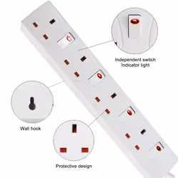4 Way Socket 13A, 1M, with Indicator Light,  Individual Switches, Child-Resistant Sockets