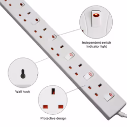 6 Way Socket 13A, 1M, with Indicator Light, Individual Switches, Surge Protection