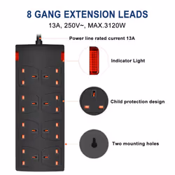 8 Way Socket 13A, 2M, Black, with Indicate Light,  Child-Resistant Sockets