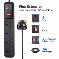 4 Gang Switched Surge-Protected Extension Lead 2M Black, 13A