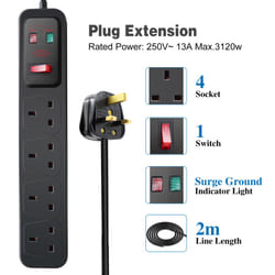 4 Gang Switched Surge-Protected Extension Lead 2M Black, 13A