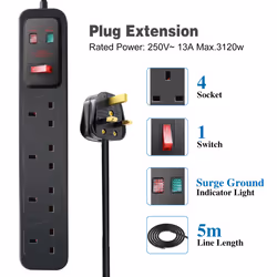 4 Gang Switched Surge-Protected Extension Lead 5M Black, 13A