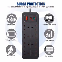 8 Gang Switched Surge-Protected Extension Lead 2m Black 13A