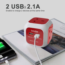 4 Gang Cube Extension Lead with 2 USB Ports 1.4M Cable