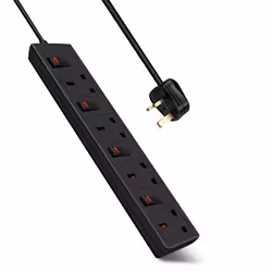 4 Way Socket 13A, 2M, Black, with Indicate Light, Individual Switch, Child-Resistant Sockets