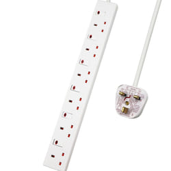 6 Way 13A, 2M, White, with Indicator Light, Individual Switch, Child-Resistant Sockets