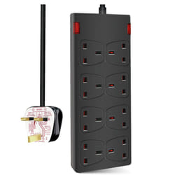 8 Way Socket 13A, 1M, Black, with Indicate Light,  Child-Resistant Sockets