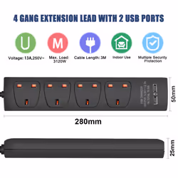 4 Gang built-in USB Extension Lead 3M Black, 13A