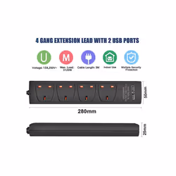 Extrastar 4 Gang built-in USB Extension Lead 5M Black, 13A