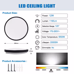 Extrastar 12W LED round Surface Mount Integrated Ceiling / Flush Light cold white, bathroom waterproof IP54 - Black