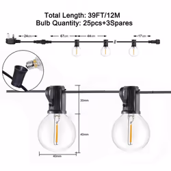 ExtraStar 39FT/11.88M Festoon Outdoor String Lights Mains Powered G40 25+3LED Bulbs Garden Lights
