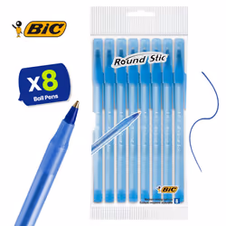BIC Round Stic Blue Ballpoint Pens 8 Pack for Smooth Writing