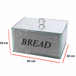 XXL Crushed Diamond Bread Bin Storage Container, Crystal Mirrored Kitchen Accessories, Bread Box with Handle Lid - Silver