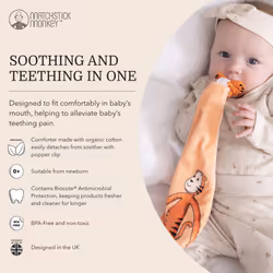 All in One Soother, Teether and Comforter - Orthodontic Teat & Antimicrobial Protection, Suitable from Newborn, Teddy Tiger
