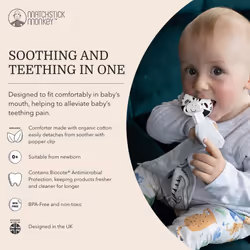 All in One Soother, Teether and Comforter - Orthodontic Teat & Antimicrobial Protection, Suitable from Newborn, Zippy Zebra