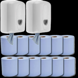 2 Blue Centerfeed Dispensers with 12 Rolls of 50M Center Feed