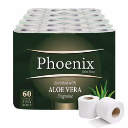 Phoenix Soft Aloe Vera Fragranced Luxury Toilet Rolls Bulk Buy - Quilted White 3 Ply Toilet Paper (60 Pack)