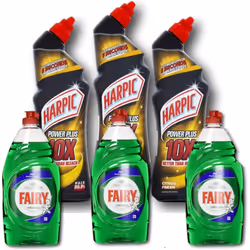 Harpic Power Plus Citrus 3 x 750ml & Fairy Original Washing Up Liquid, 3 x 900ml - Powerful Cleaning Bundle for Household