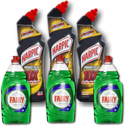 Harpic Power Plus Citrus 3 x 750ml & Fairy Original Washing Up Liquid, 3 x 900ml - Powerful Cleaning Bundle for Household