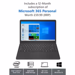 Geo Computers GeoBook 140 14-inch Laptop Windows 10 Intel Celeron 4GB RAM 64GB eMMC - 1 Year Microsoft 365 Personal, Intel® C ...