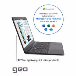 Geo Computers GeoBook 140 14-inch Laptop Windows 10 Intel Celeron 4GB RAM 64GB eMMC - 1 Year Microsoft 365 Personal
