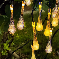 20 LED Teardrop Raindrop Garden Solar String Light 8 Modes Outdoor Party BBQ UK - Warm White