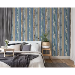 Rustic Distressed Elm Wood Plank Effect Blue Cabin Beige Wallpaper
