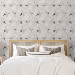 Oriental Japanese Birds Cranes White Blue Metallic Silver Feature Wallpaper