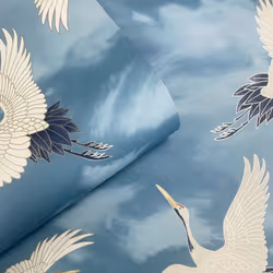 Oriental Japanese Birds Cranes Sky Blue White Metallic Silver Wallpaper